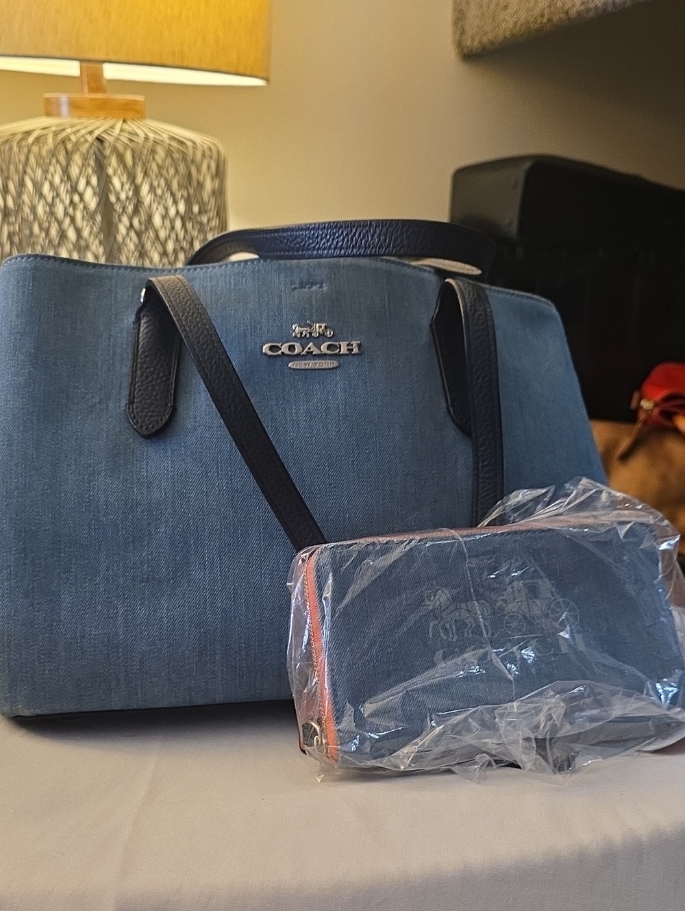 Coach Denim Tote with Navy Leather Straps and Matching Pouch